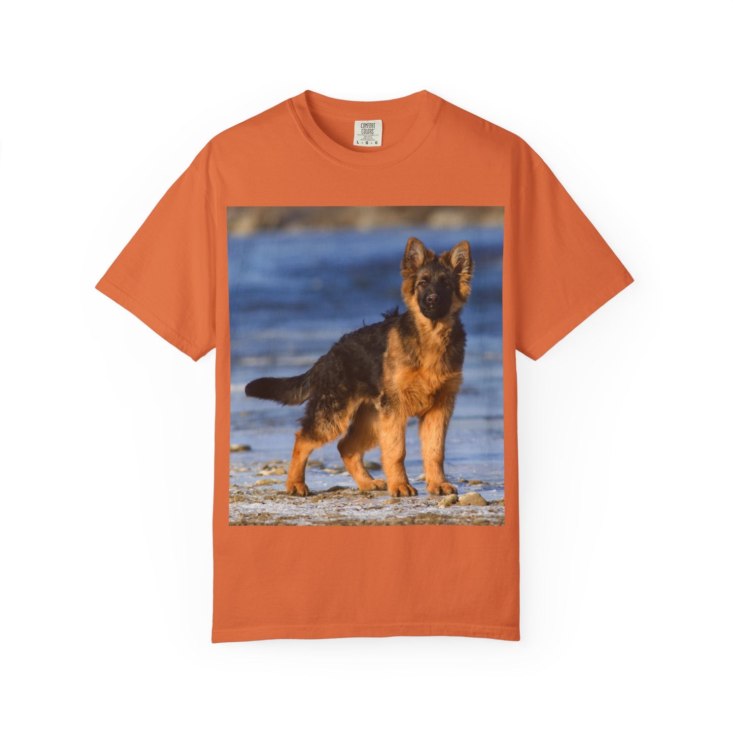 Unisex Dog Lover T-Shirt Featuring Beautiful German Shepherd Puppy Standing at the Sea Shore