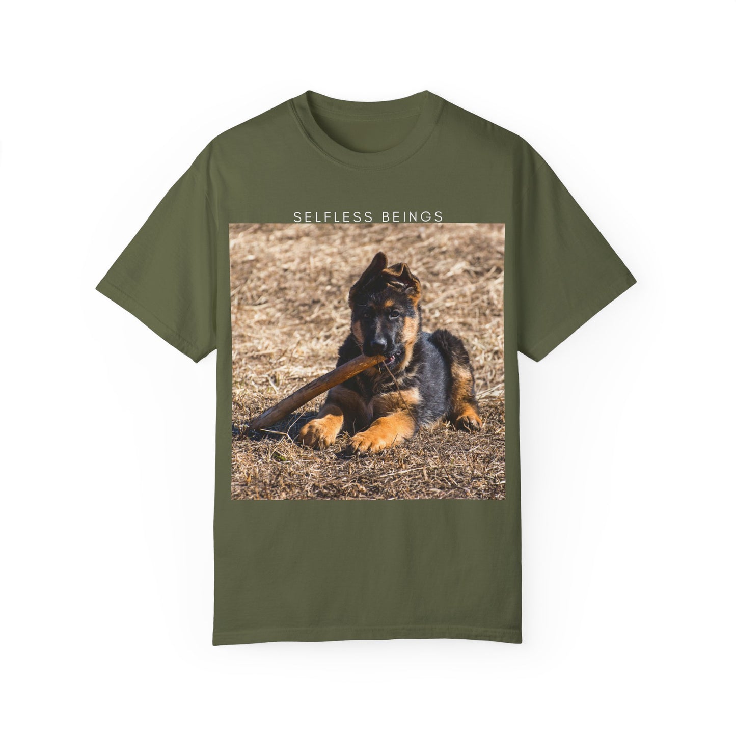 Unisex Dog Lover T-Shirt With a German Shepherd Puppy Playing With Wooden Stick on Dry Grass and Caption Selfless Beings