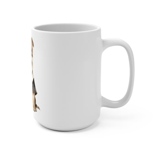 White Ceramic Mug 15oz With a Graphic of German Shepherd Wearing Priest Costume