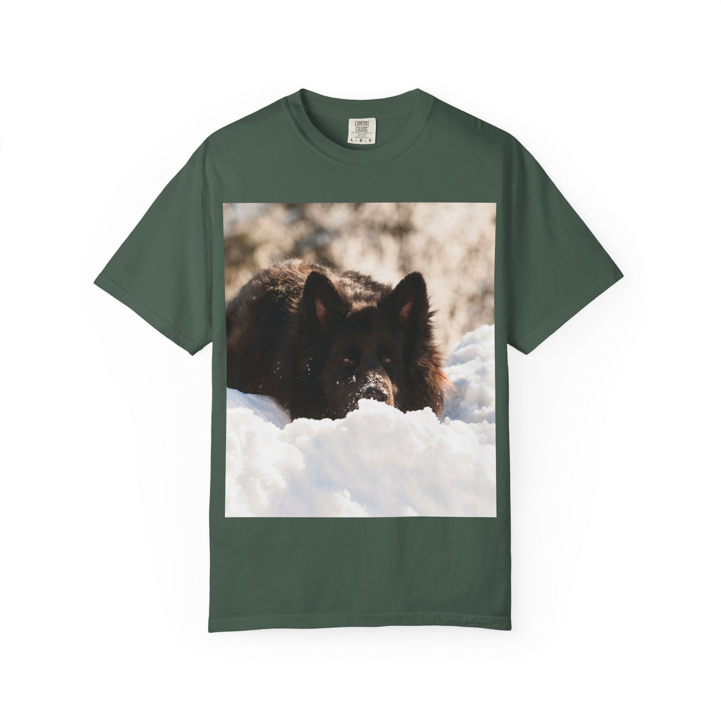 Unisex Dog Lover T-Shirt Featuring a Giant Black German Shepherd Resting on the Snow