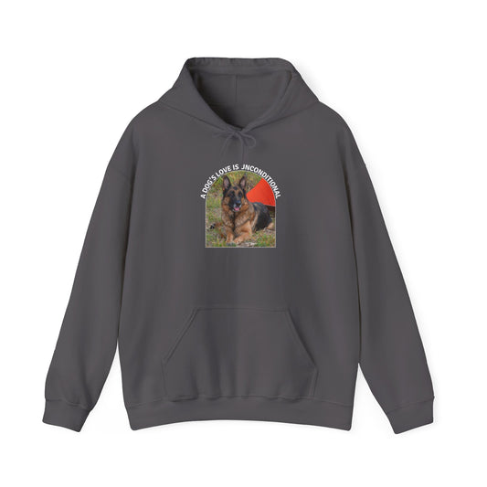Unisex Dog Lover Hoodie With German Shepherd and Caption Dog's Love is Unconditional