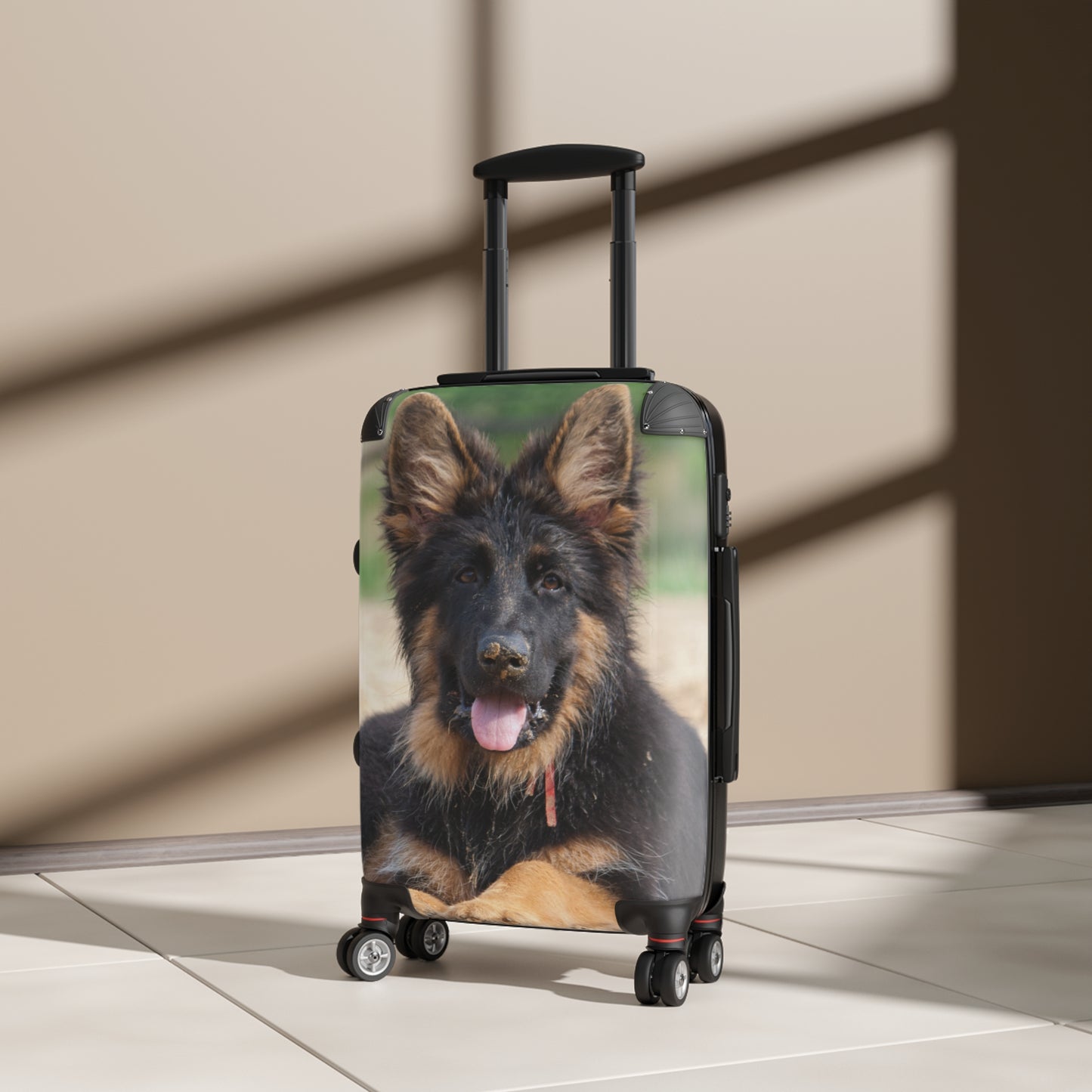 Dog Lover's Travel Suitcase Featuring a a Stunning German Shepherd Puppy Resting on the Sand