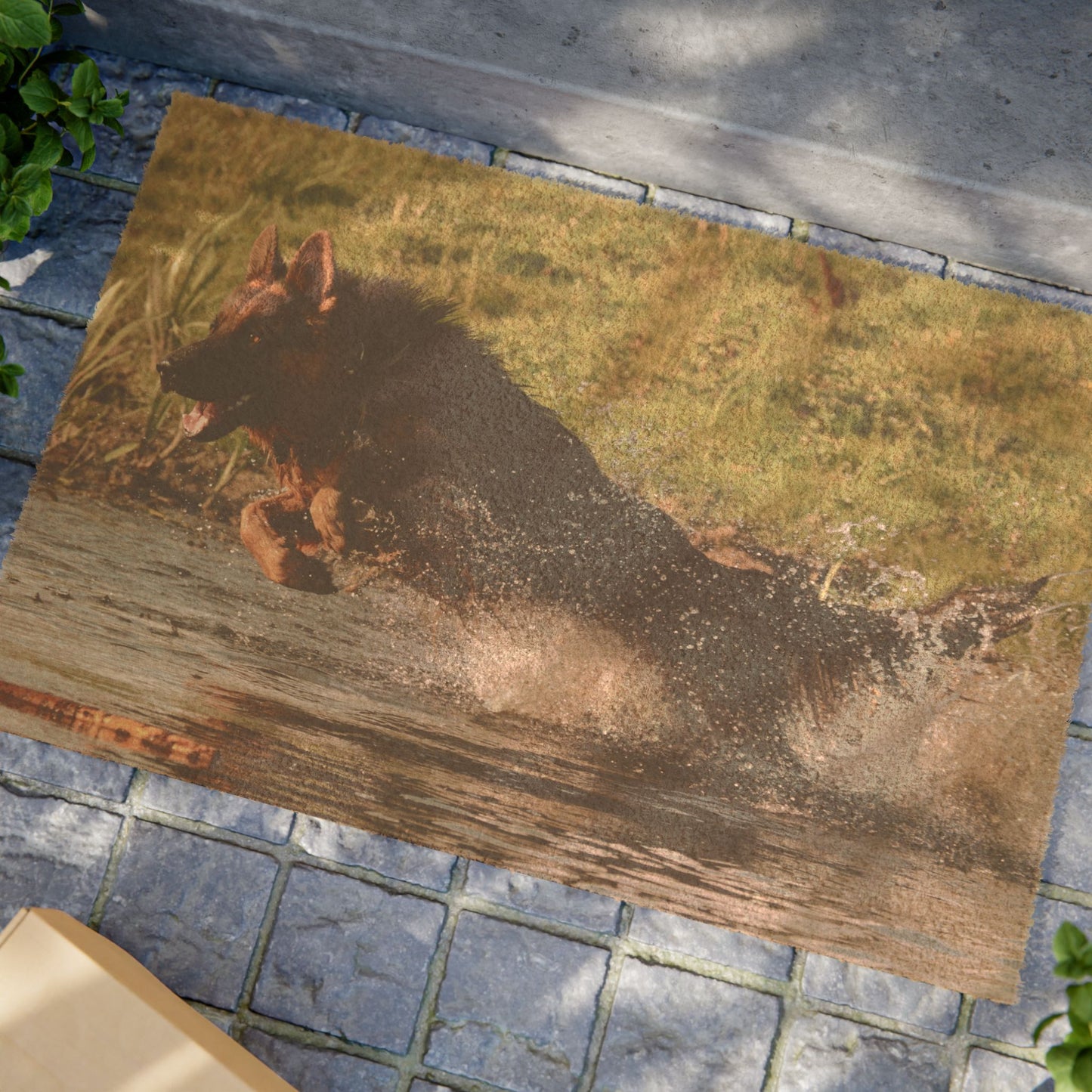 Pet Lovers Doormat Featuring a German Shepherd Jumping in the Water