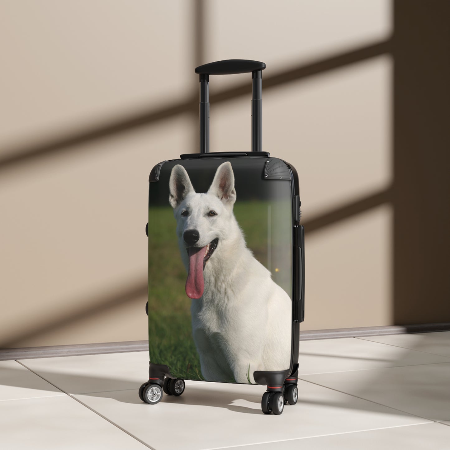 Dog Lover Suitcase Featuring a Giant White German Shepherd Sloppily Sitting on Grass Leaving Tongue Out
