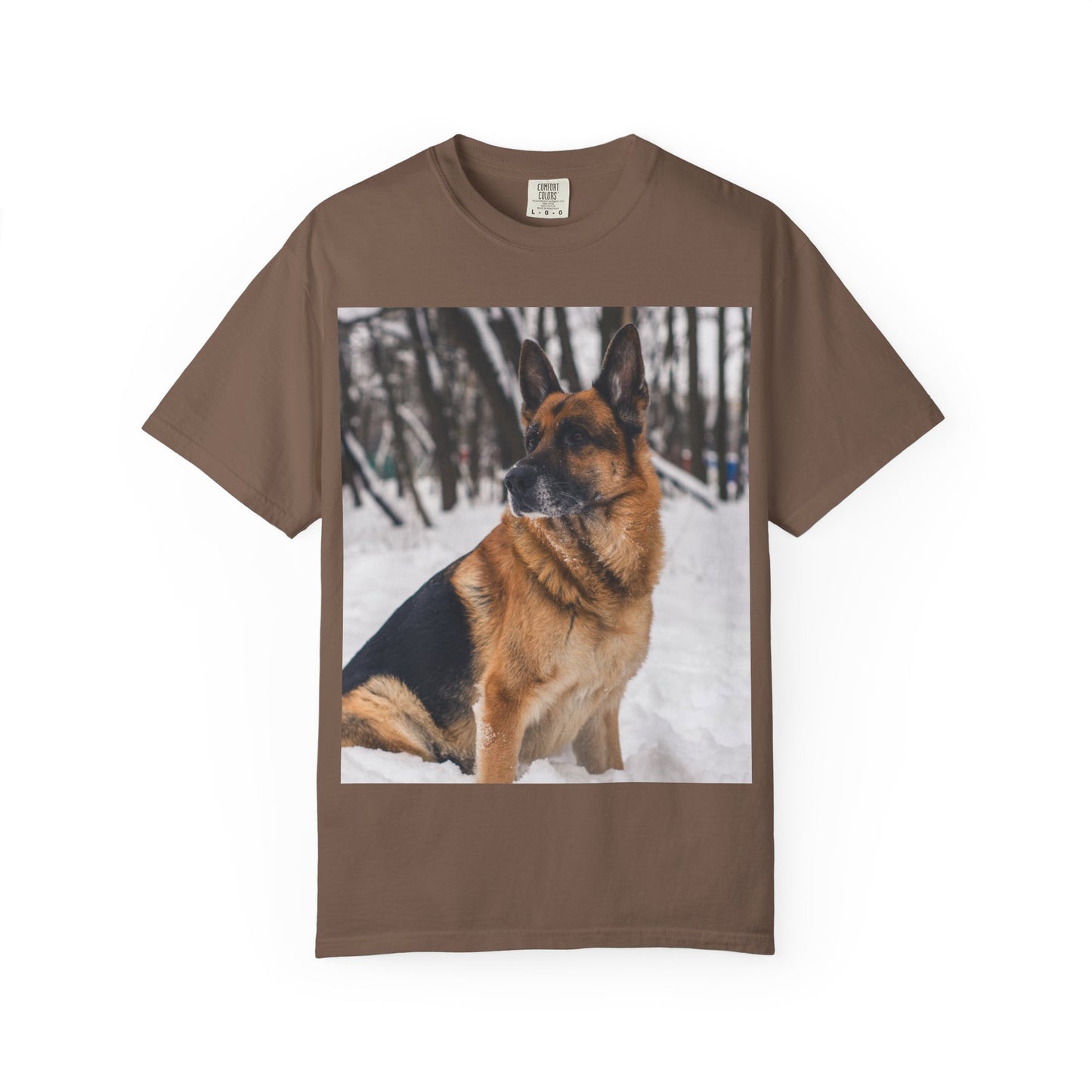 Unisex Dog Lovers T-Shirt Featuring a Beautiful German Shepherd Sloppily Sitting on the Snow