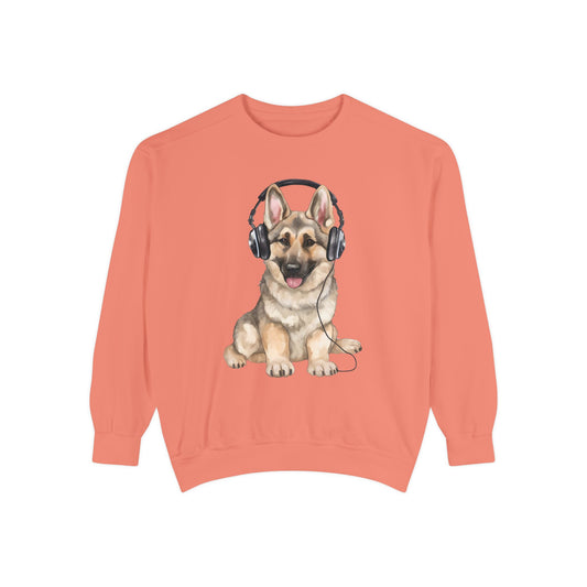 Unisex Dog Lover Sweatshirt With a German Shepherd Wearing Headphones Enjoying Music