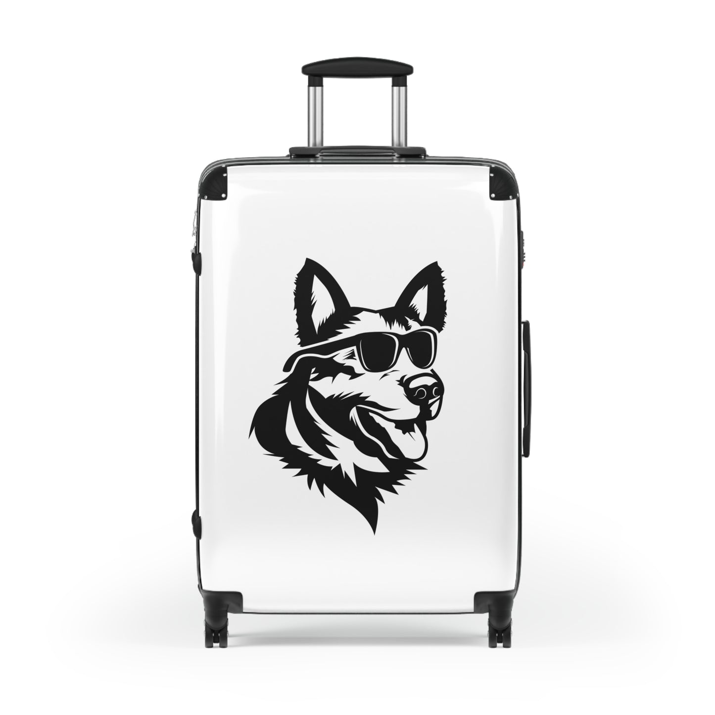 Dog Lovers Suitcase Featuring Graphic of  German Shepherd Wearing Black Glasses