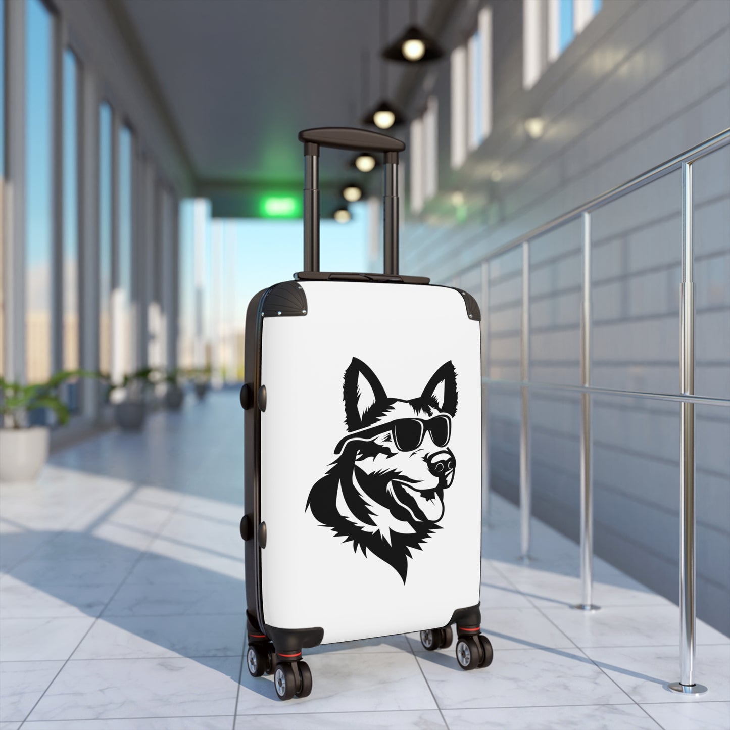 Dog Lovers Suitcase Featuring Graphic of  German Shepherd Wearing Black Glasses