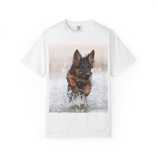 Unisex Dog Lover T-Shirt Featuring a German Shepherd Puppy Jumping In The Water