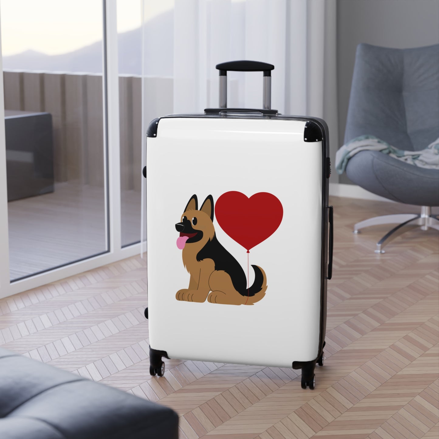 Dog Lover's Suitcase Featuring Graphic of a German Shepherd Puppy and Heart Shaped Balloon Attached to Tail