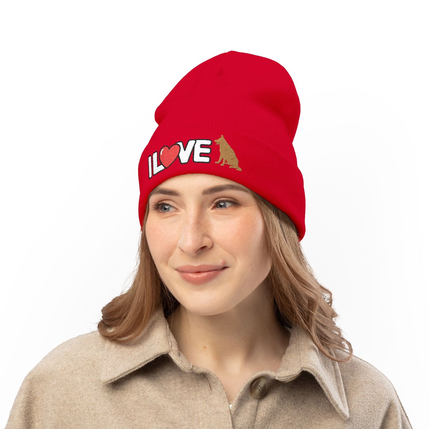 Cozy Dog Lover Knit Beanie with Embroidery - I Love German Shepherd, Winter Hat
