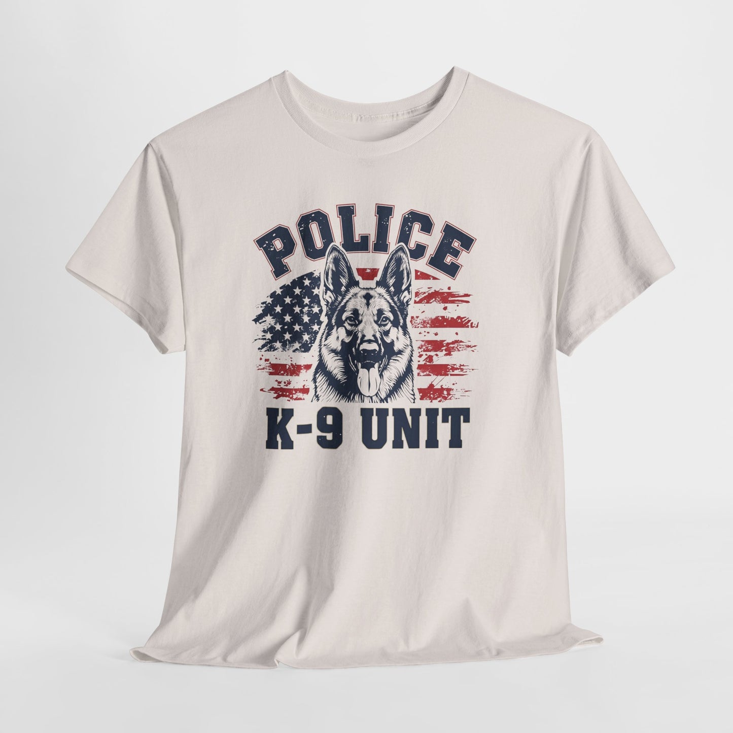 Patriotic Police K-9 Unit T-Shirt With American Flag in Background, Unisex Heavy Cotton Tee