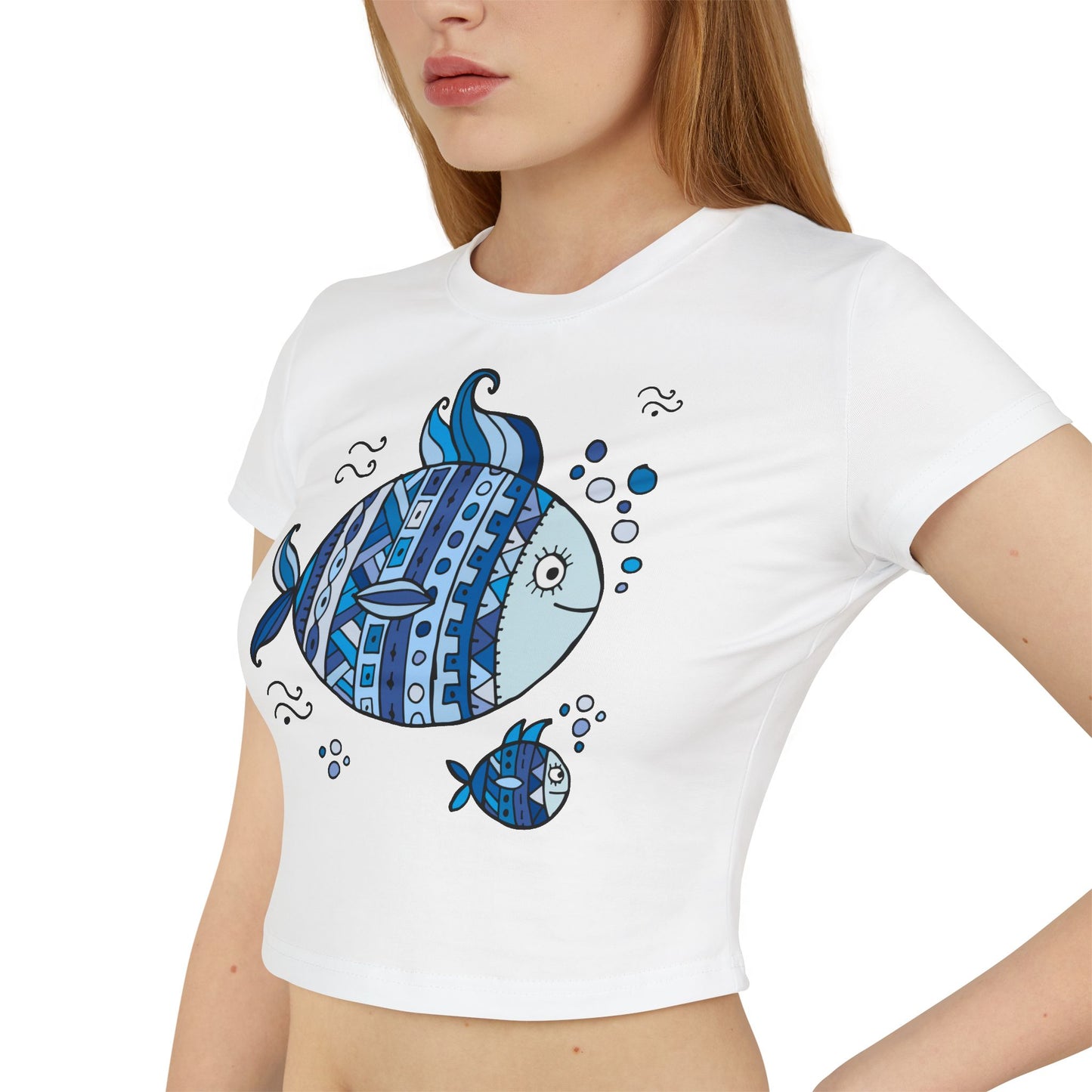 Boho Chic Women's Baby Tee with Blue Fish Design, Cute Summer Top, Fun Gift for Sea Lovers, Aquatic-themed Apparel, Beach Vibes