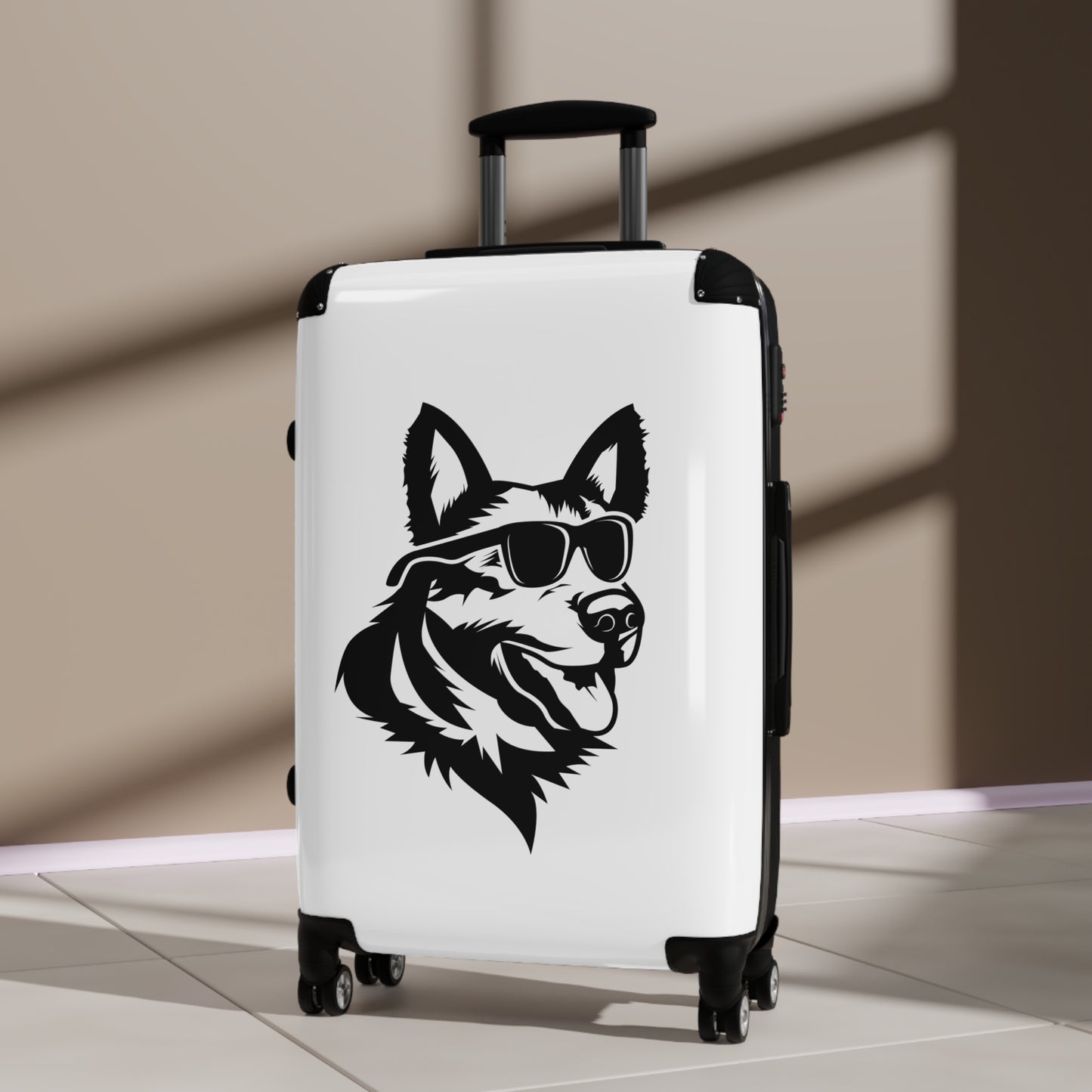 Dog Lovers Suitcase Featuring Graphic of  German Shepherd Wearing Black Glasses