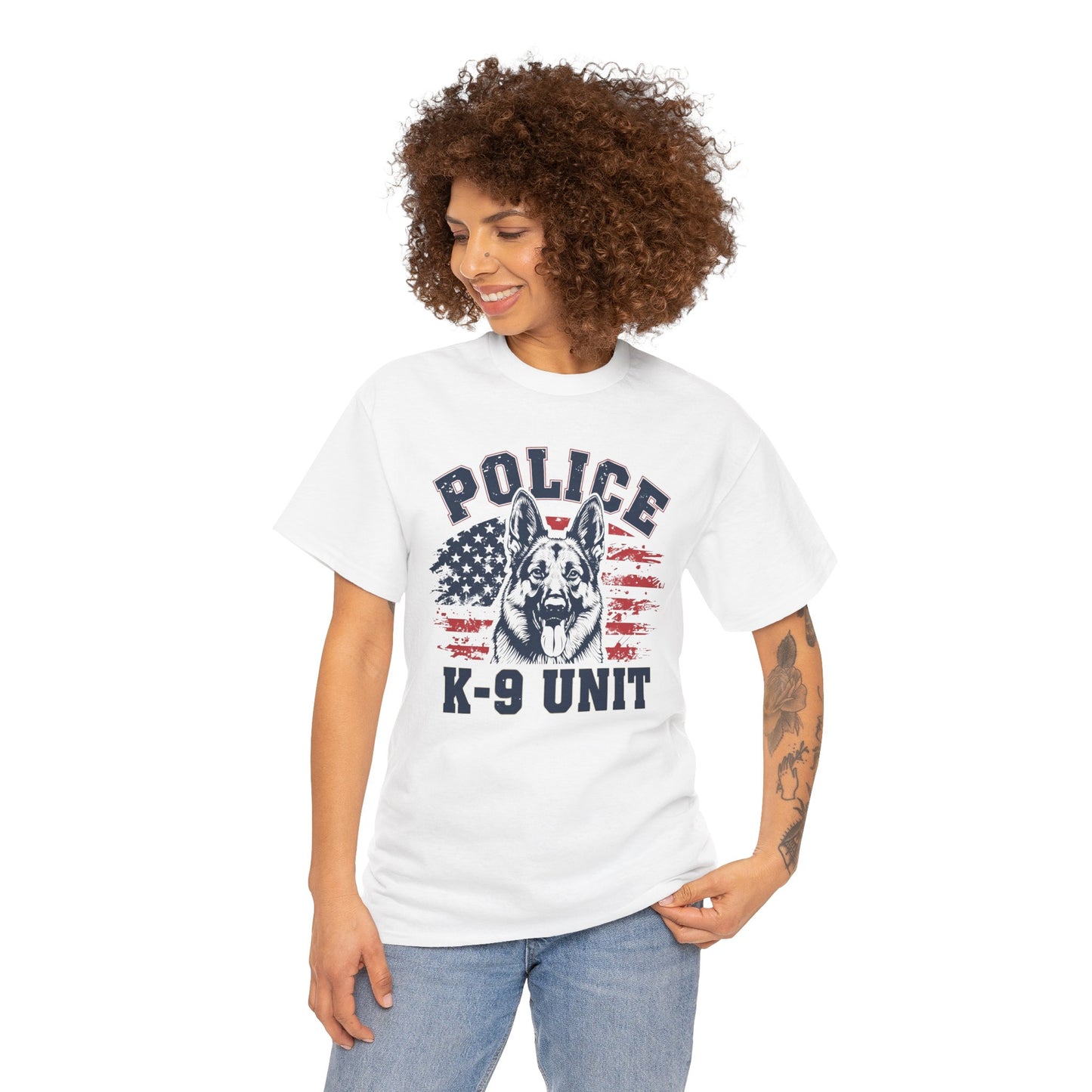Patriotic Police K-9 Unit T-Shirt With American Flag in Background, Unisex Heavy Cotton Tee