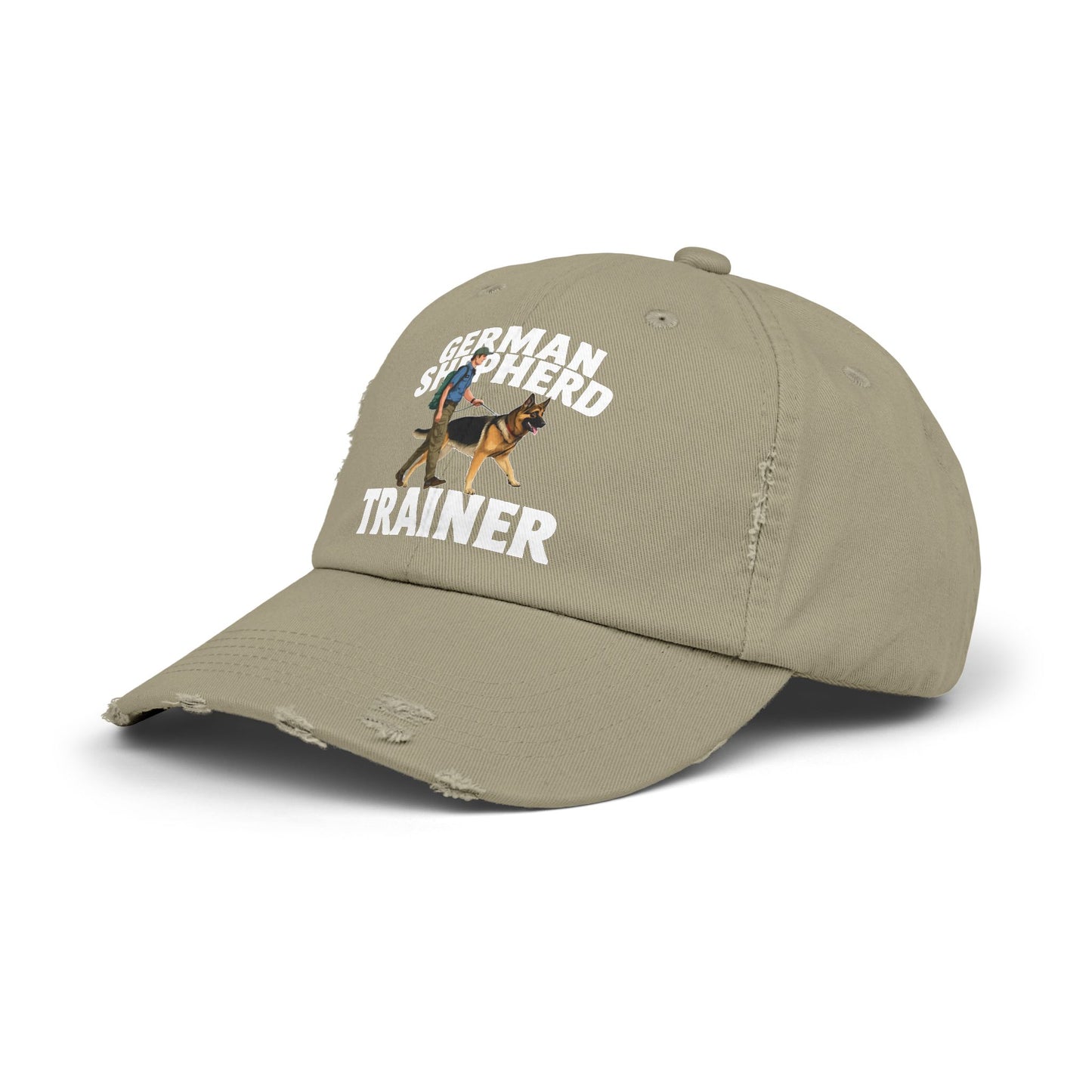 Unisex Distressed Cap Featuring a Trainer Leading German Shepherd, Dog Trainer Gift