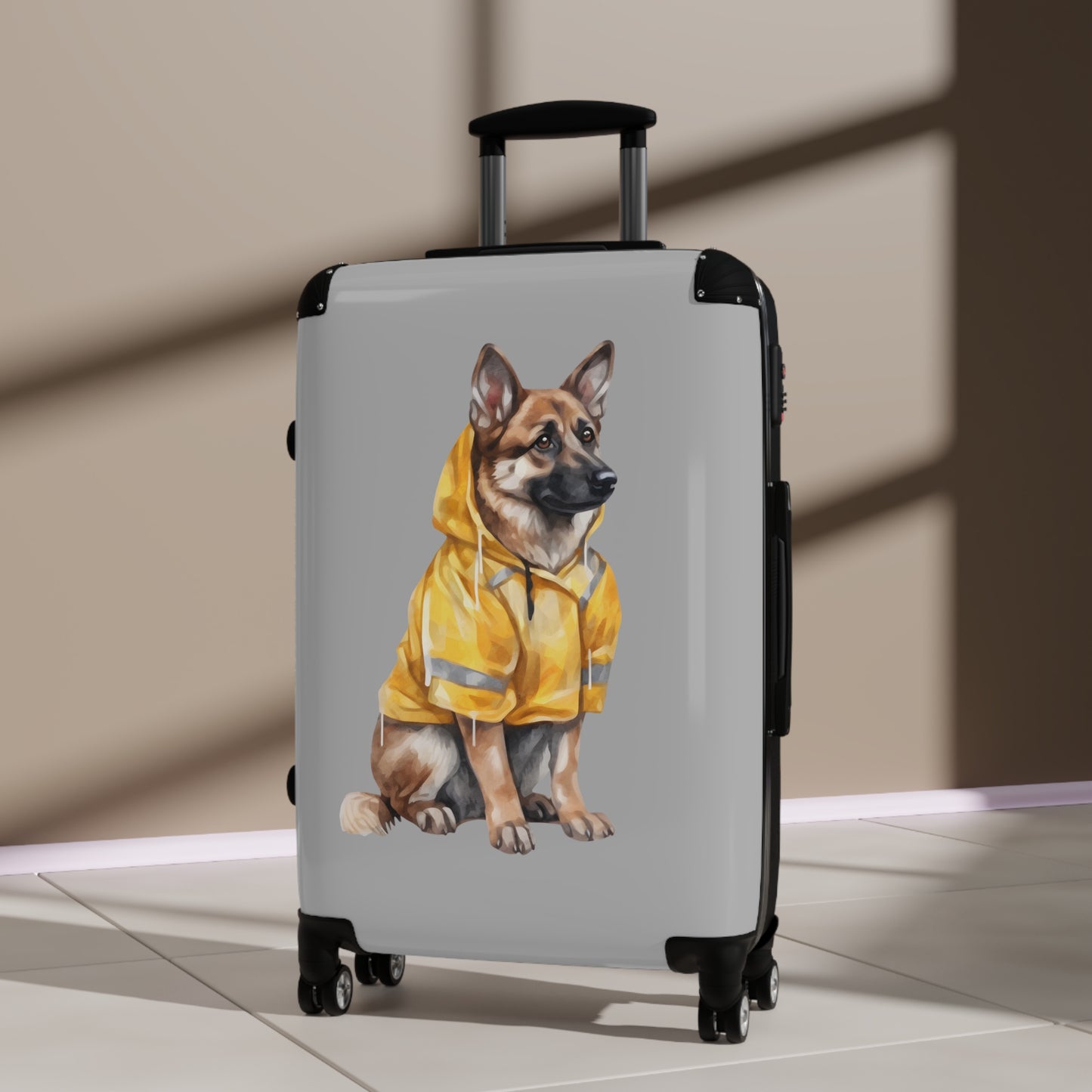 Dog Lovers Suitcase Featuring a German Shepherd Wearing a Yellow Rain Coat