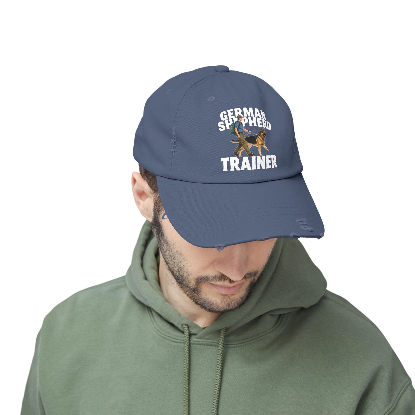 Unisex Distressed Cap Featuring a Trainer Leading German Shepherd, Dog Trainer Gift
