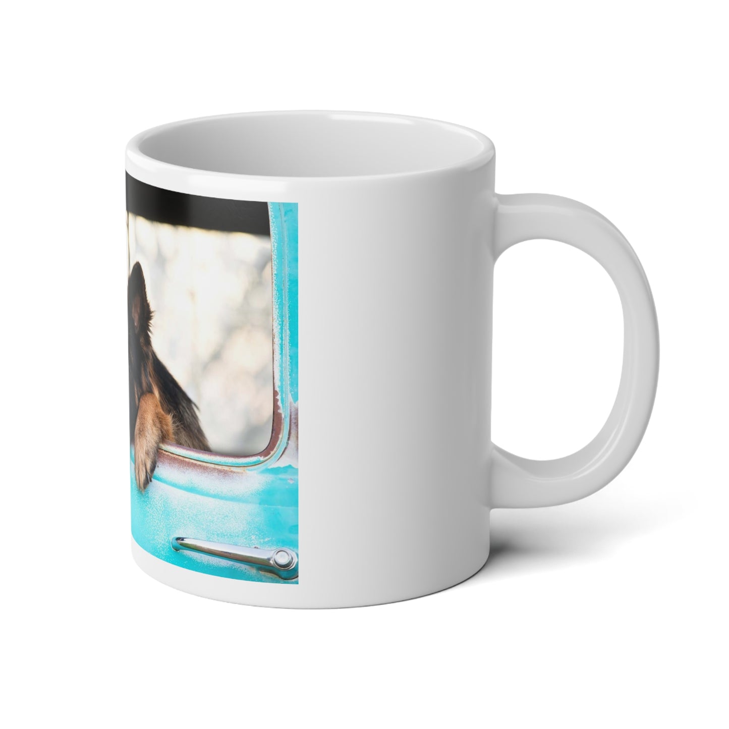 Jumbo Mug, 20oz With a German Shepherd Puppy Putting His Head and Front Legs  On The Truck Seat's Window