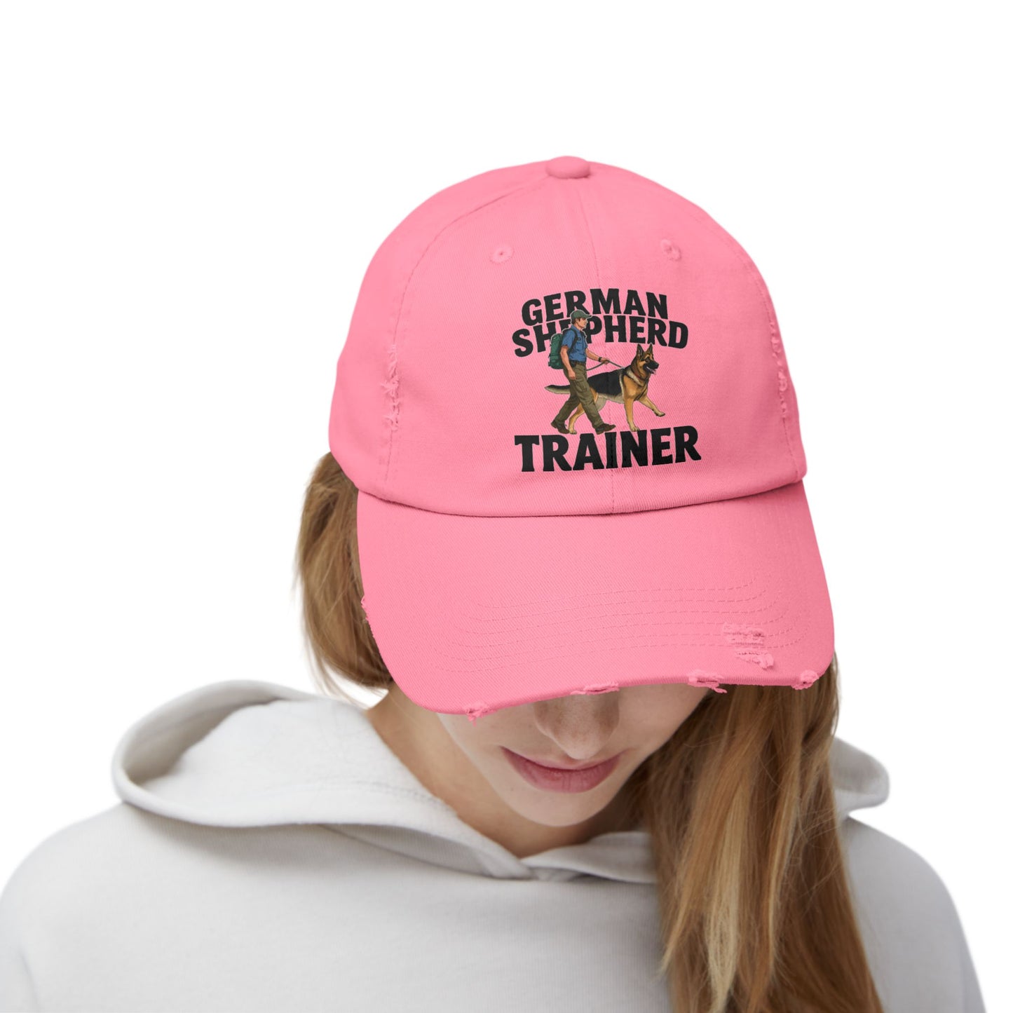 Unisex Distressed Cap Featuring a Trainer Leading German Shepherd, Dog Trainer Gift