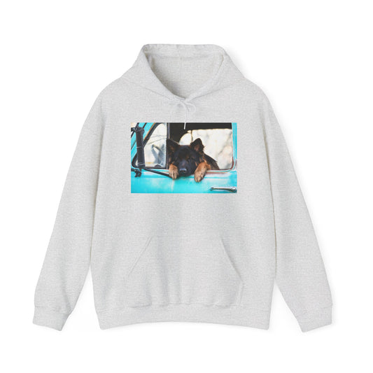Unisex Dog Lover Hoodie With German Shepherd Puppy Putting His Head and Front Legs On The Truck Seat's Window