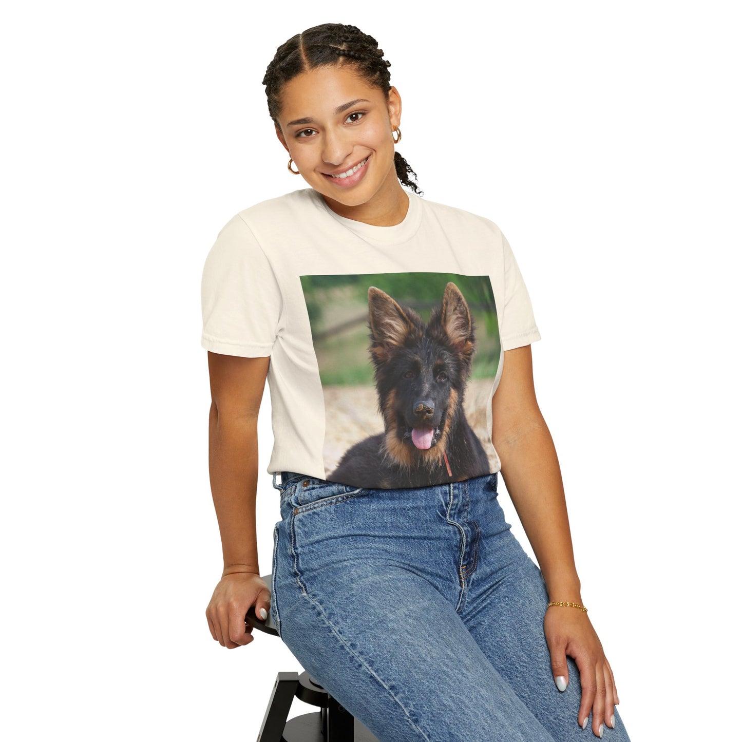 Unisex Dog Lover T-Shirt Featuring Photo of Stunning German Shepherd Puppy Resting on the Sand