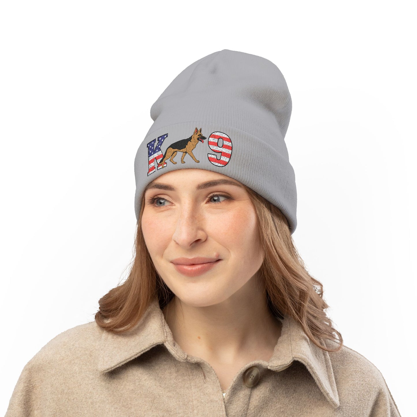 Embroidered K9 American Flag Beanie Featuring a German Shepherd | Patriotic Knit Hat, Memorial Day Cap