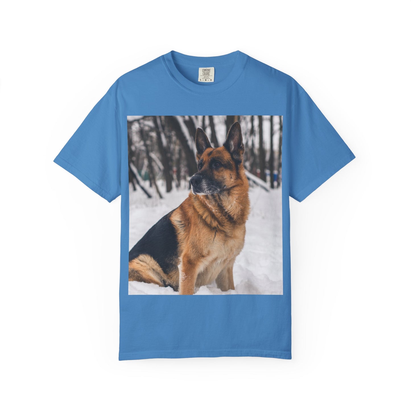 Unisex Dog Lovers T-Shirt Featuring a Beautiful German Shepherd Sloppily Sitting on the Snow