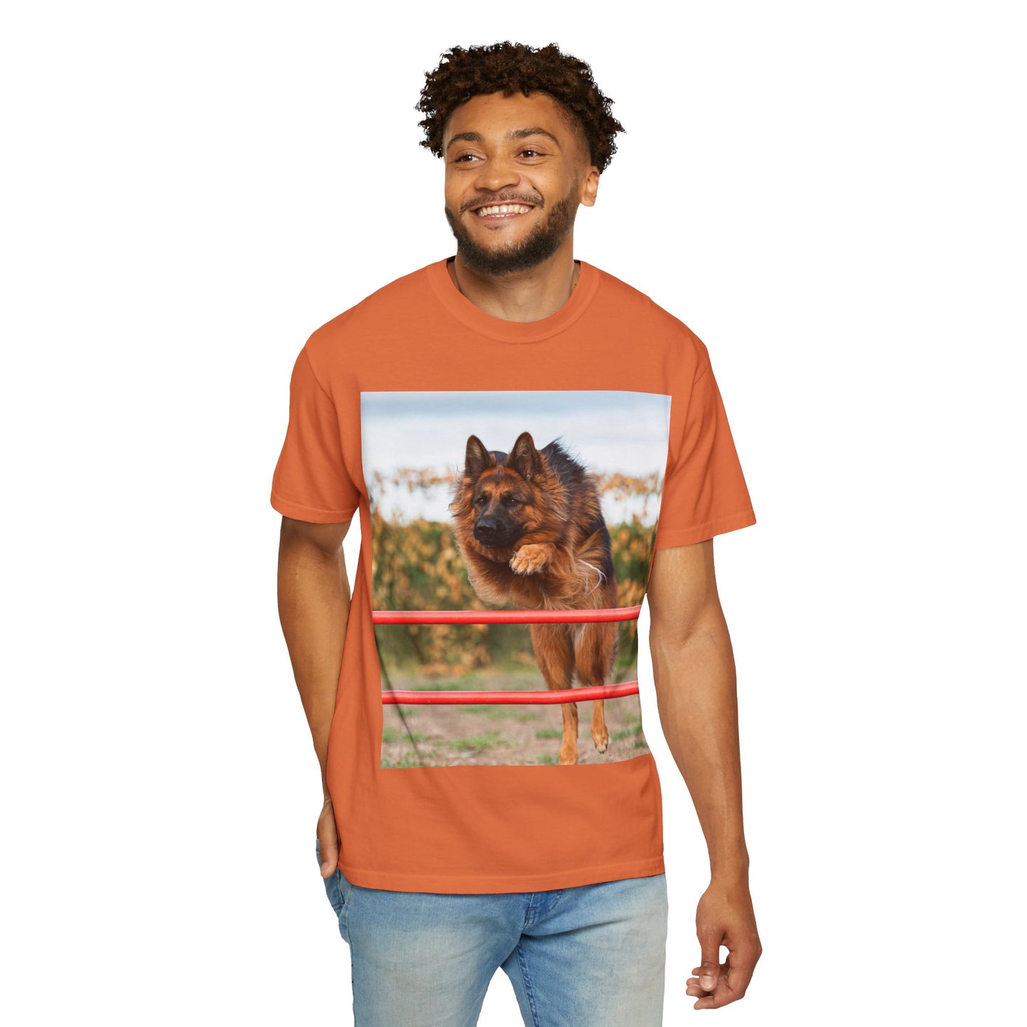 Dog Lover Unisex T-Shirt  Featuring Photograph of Showline German Shepherd Jumping Agility Fence