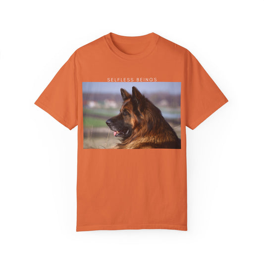 Unisex Dog Lover T-Shirt With Giant Long Coat German Shepherd Looking Straight and Caption Selfless Beings