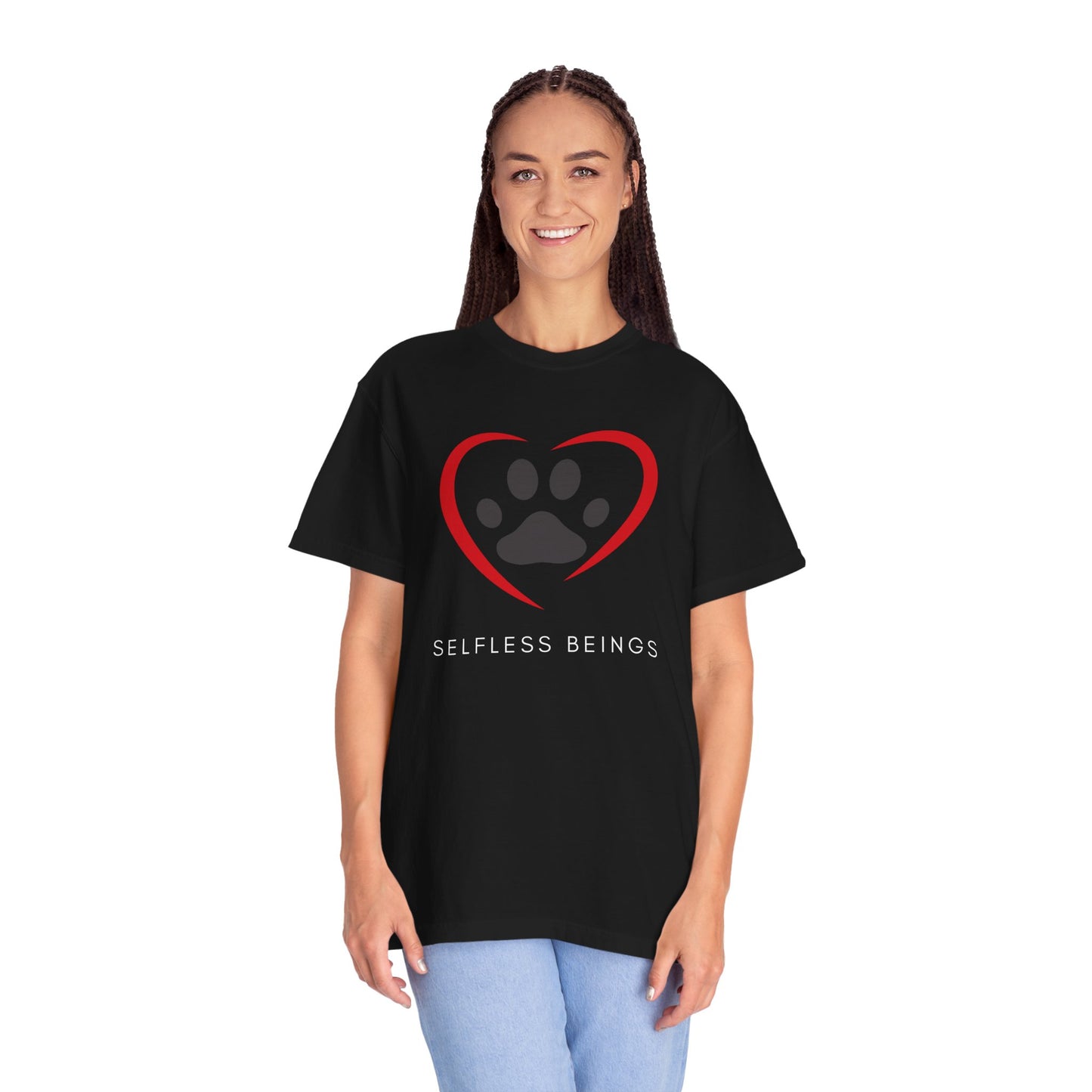 Unisex Dog Lover T-Shirt With Graphic of Curvy Heart Boundaries Contain Dog Paw Print and Caption Selfless Beings Below