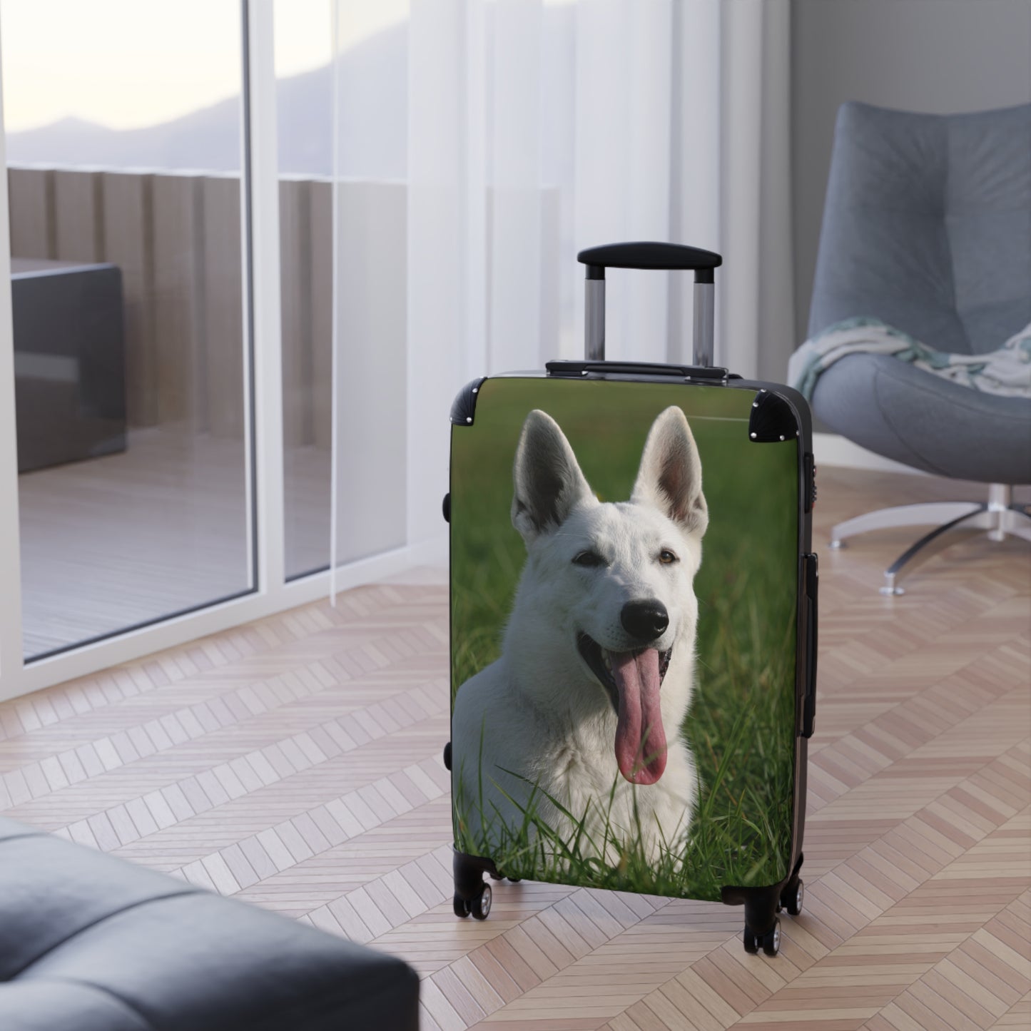Dog Lovers Suitcase Featuring a White German Shepherd Resting On Grass Leaving Tongue Out