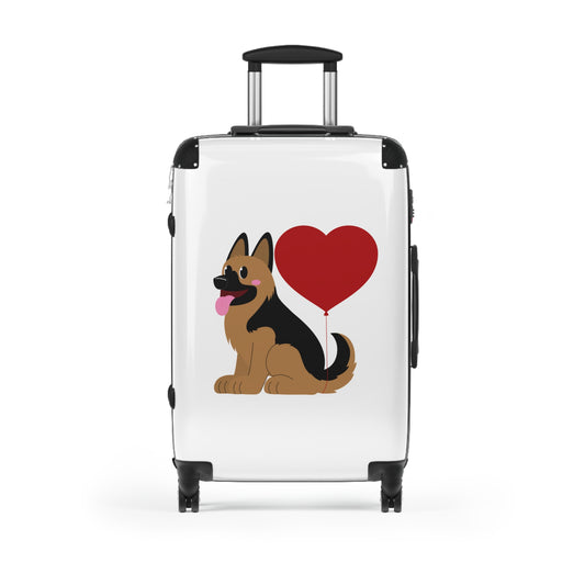 Dog Lover's Suitcase Featuring Graphic of a German Shepherd Puppy and Heart Shaped Balloon Attached to Tail
