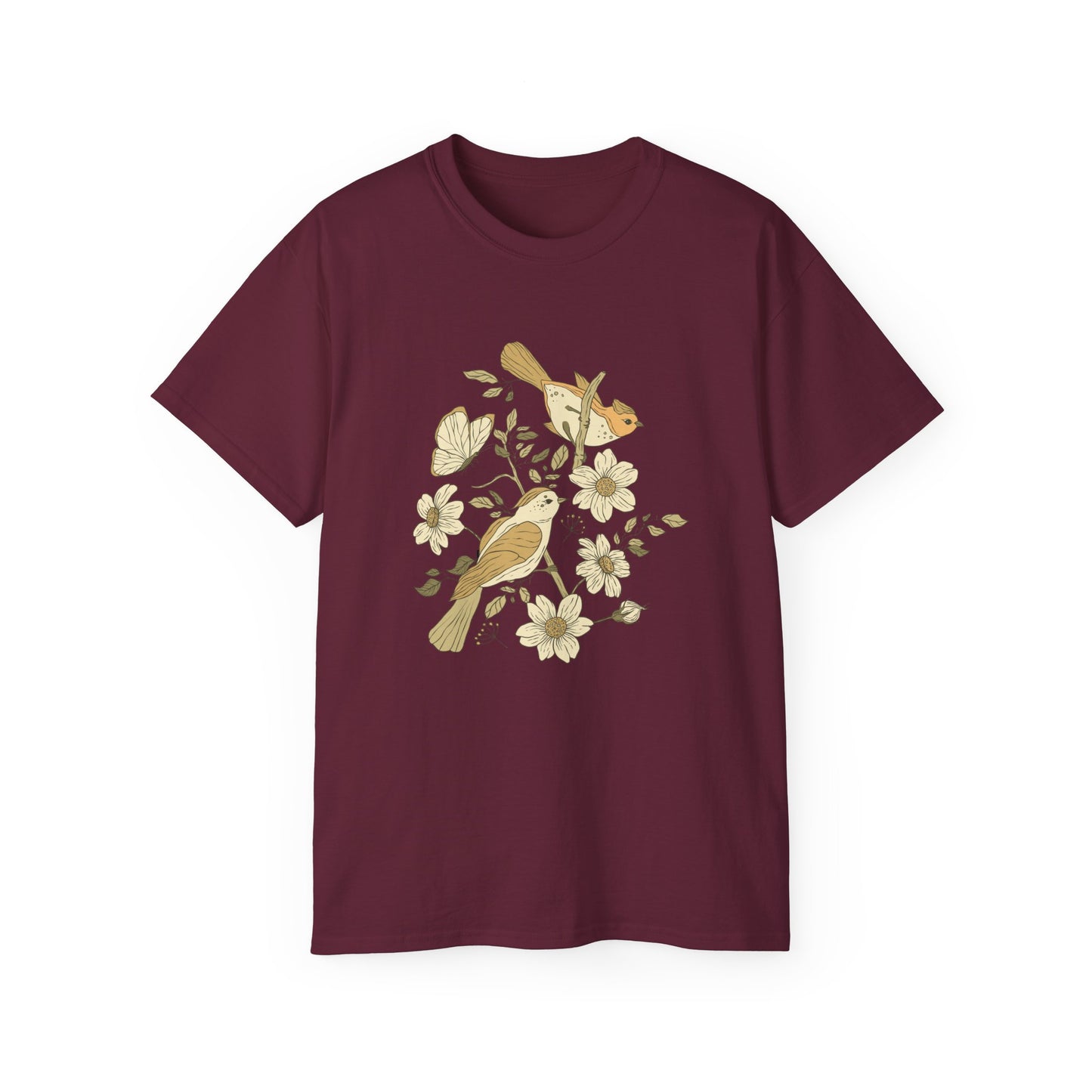 Nature-Inspired Unisex Tee, Floral Bird Print T-Shirt, Gift for Nature Lovers, Spring Fashion, Eco-Friendly Casual Wear