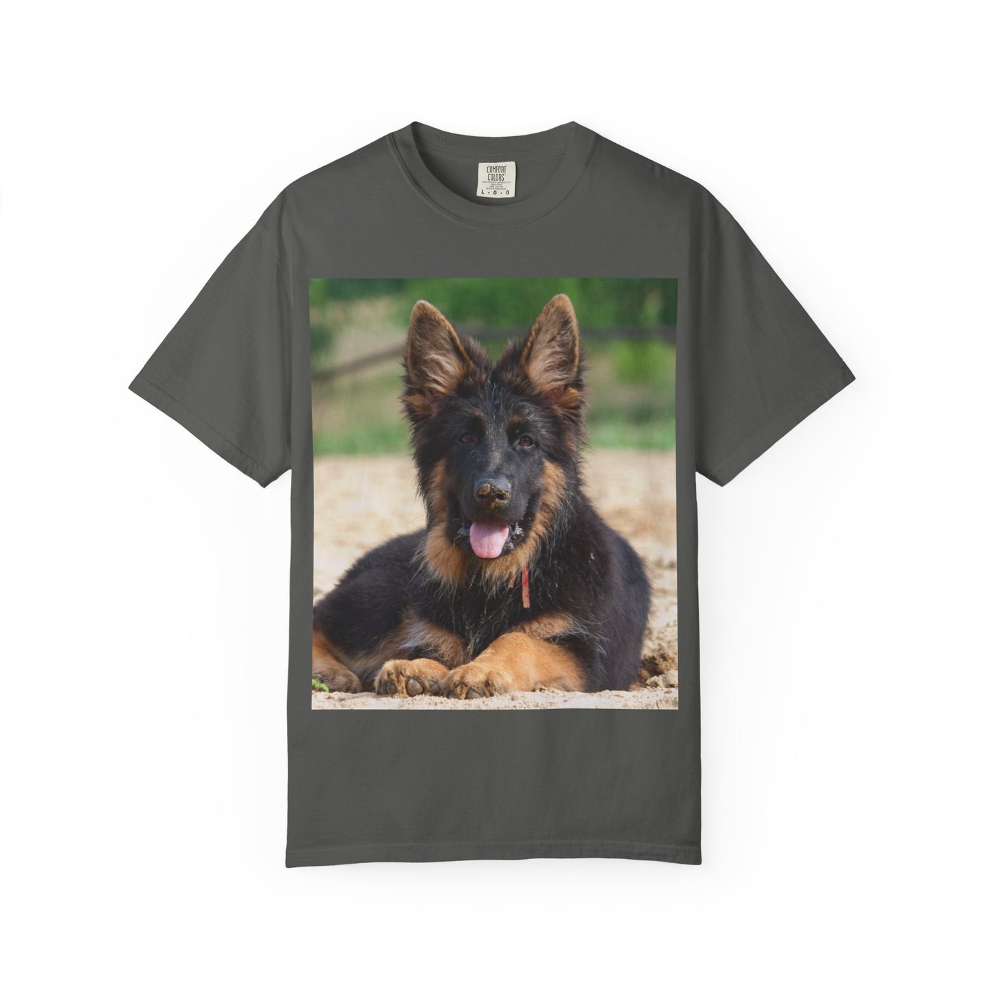 Unisex Dog Lover T-Shirt Featuring Photo of Stunning German Shepherd Puppy Resting on the Sand