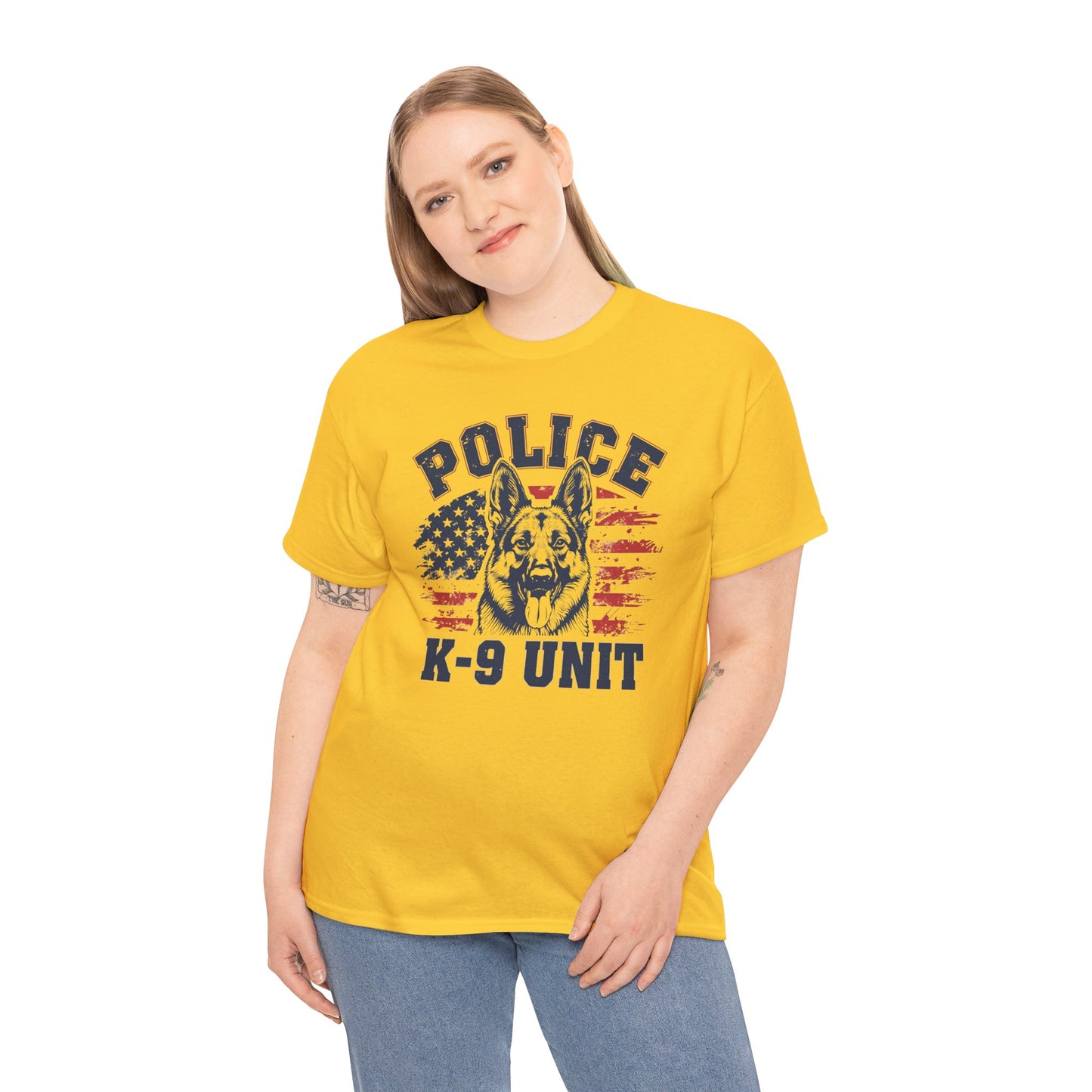 Patriotic Police K-9 Unit T-Shirt With American Flag in Background, Unisex Heavy Cotton Tee