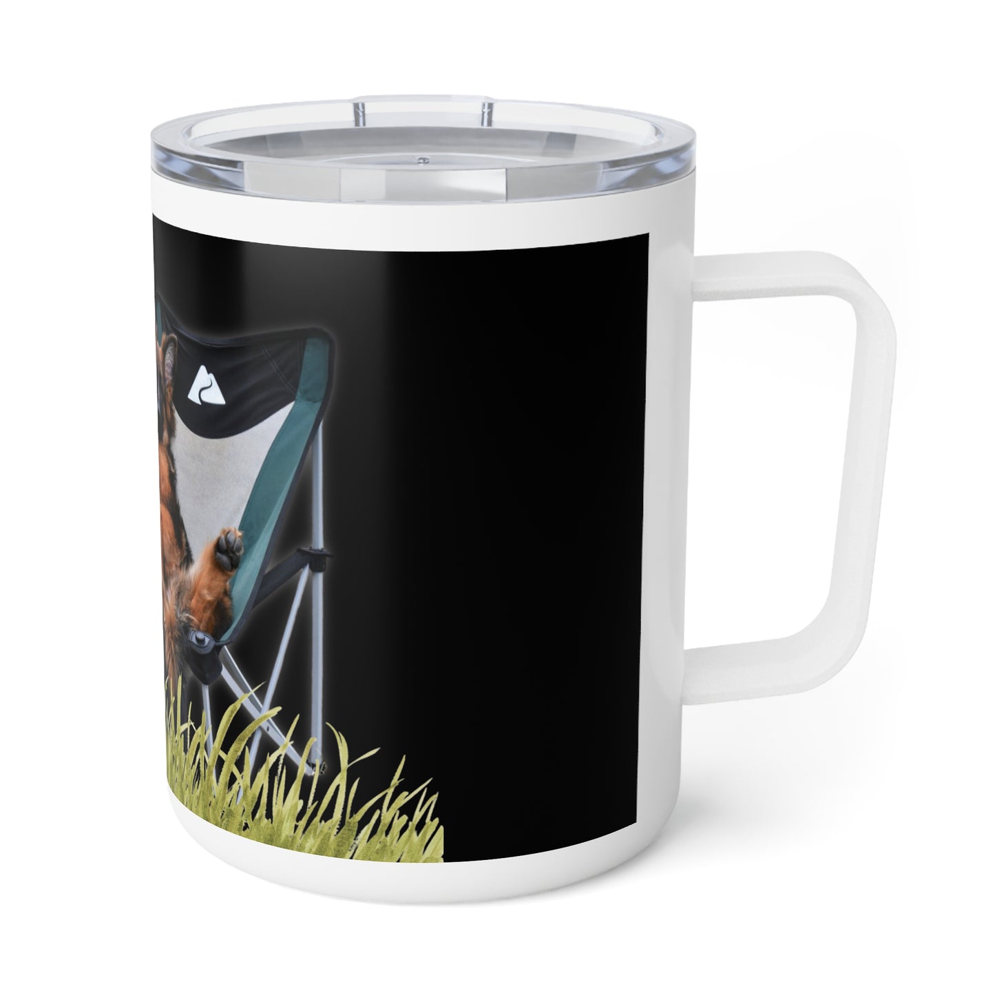 Insulated Stainless Steel Coffee Mug With a German Shepherd Enjoying Picnic On Outdoor Portable Camping Chair