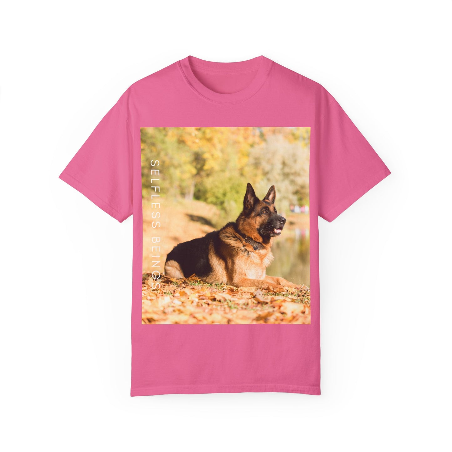 Unisex Dog Lover T-Shirt With a German Shepherd Resting in the Autumn Park on Leaves Near a Pond and Caption Selfless Beings