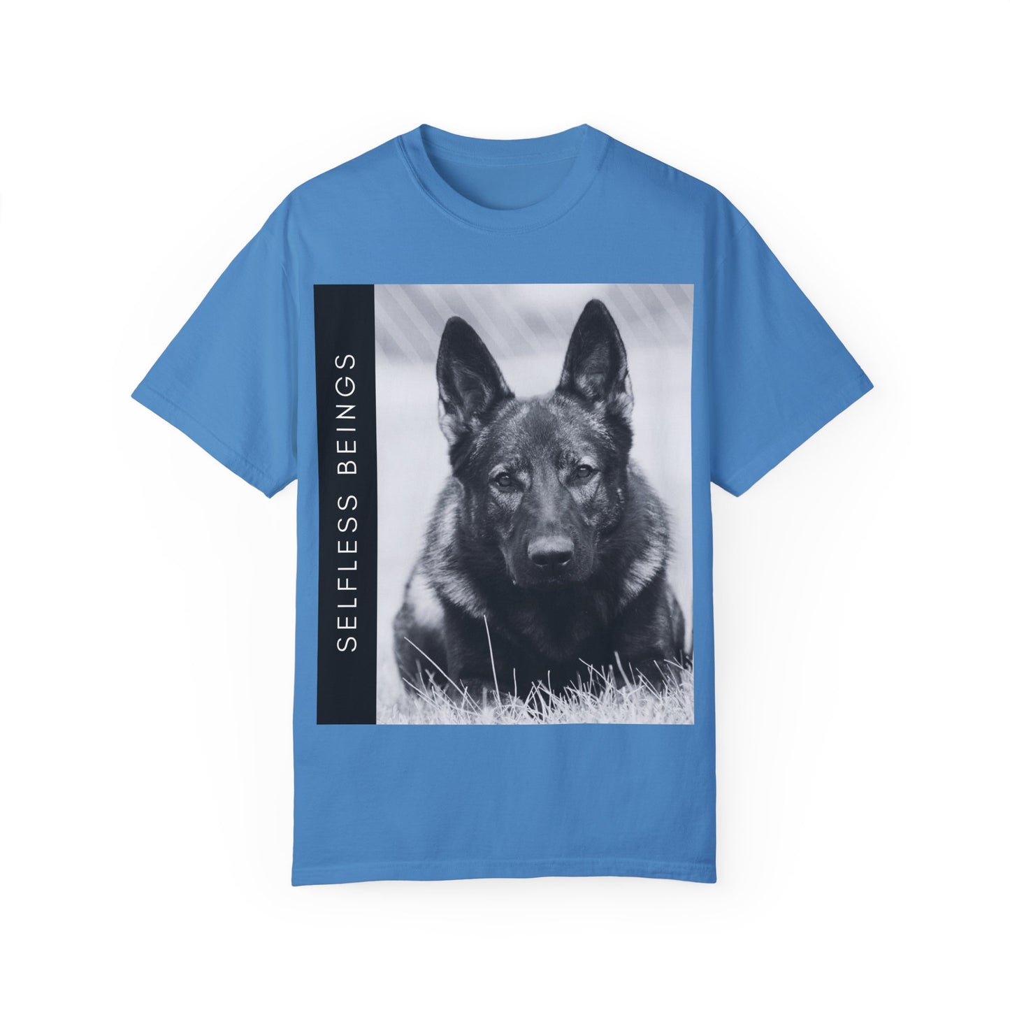 Unisex Dog Lover T-Shirt With a Working Line German Shepherd Resting on the Grass and Caption Selfless Beings