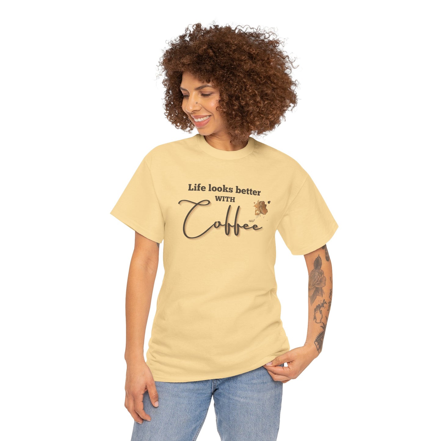Life Looks Better with Coffee Tee | Unisex Cotton Tee for Coffee Lovers, Gift for Birthdays, Anniversaries, Casual Wear, Coffee-themed