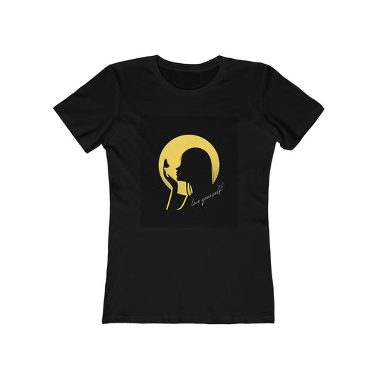 Love Yourself Women’s Boyfriend Tee –  A Butterfly Sitting On Top of the Girl's Finger | Inspirational Graphic T-shirt, Casual Wear, Gift for Her, Everyday Comfort, Motivational Fashion