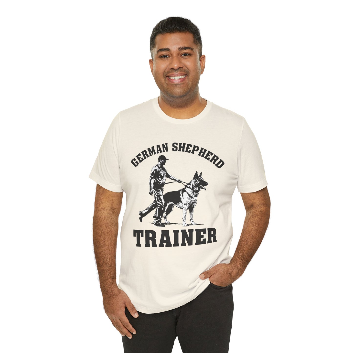 German Shepherd Trainer Tee - Black and White Design of Man Holding a German Shepherd