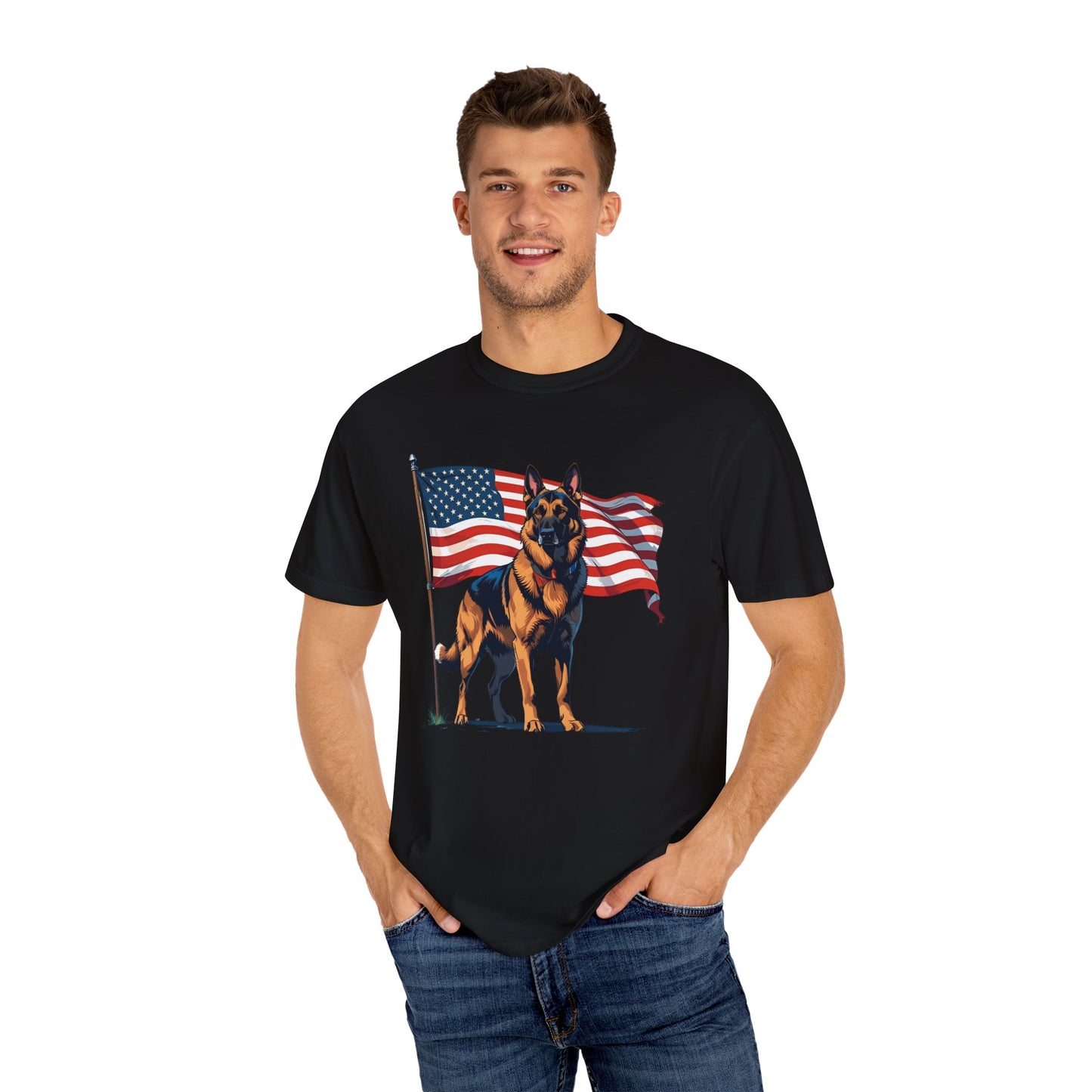 Patriotic German Shepherd Dog T-Shirt, Unisex Garment-Dyed Tee, Dog Lover Gift, US Independence Day Apparel, Casual Wear for Pet Lovers