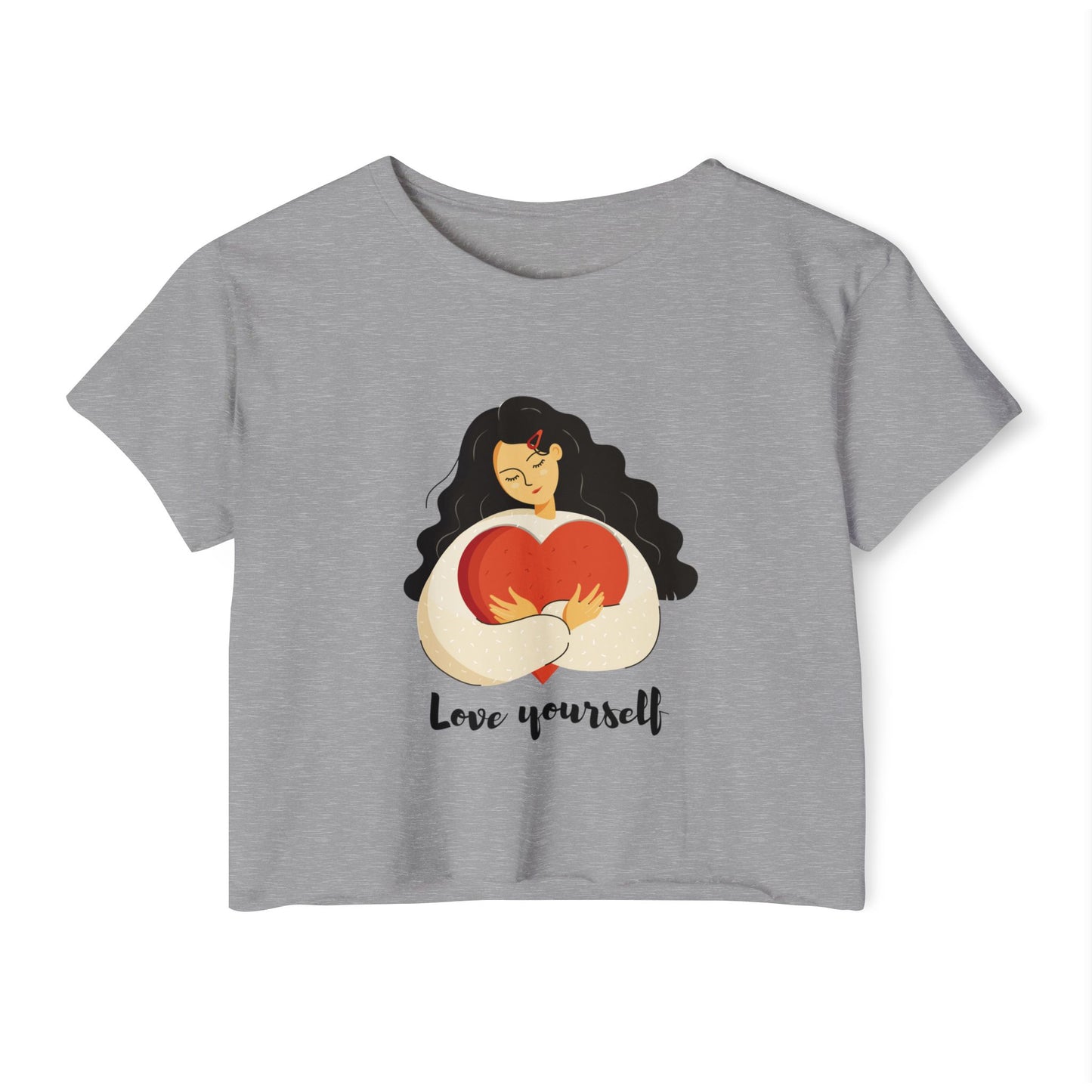 Love Yourself Festival Vibes Crop Top - Girl Holding a Big Heart, Summer Fashion, Boho Style, Women’s Casual Wear, Gift for Her
