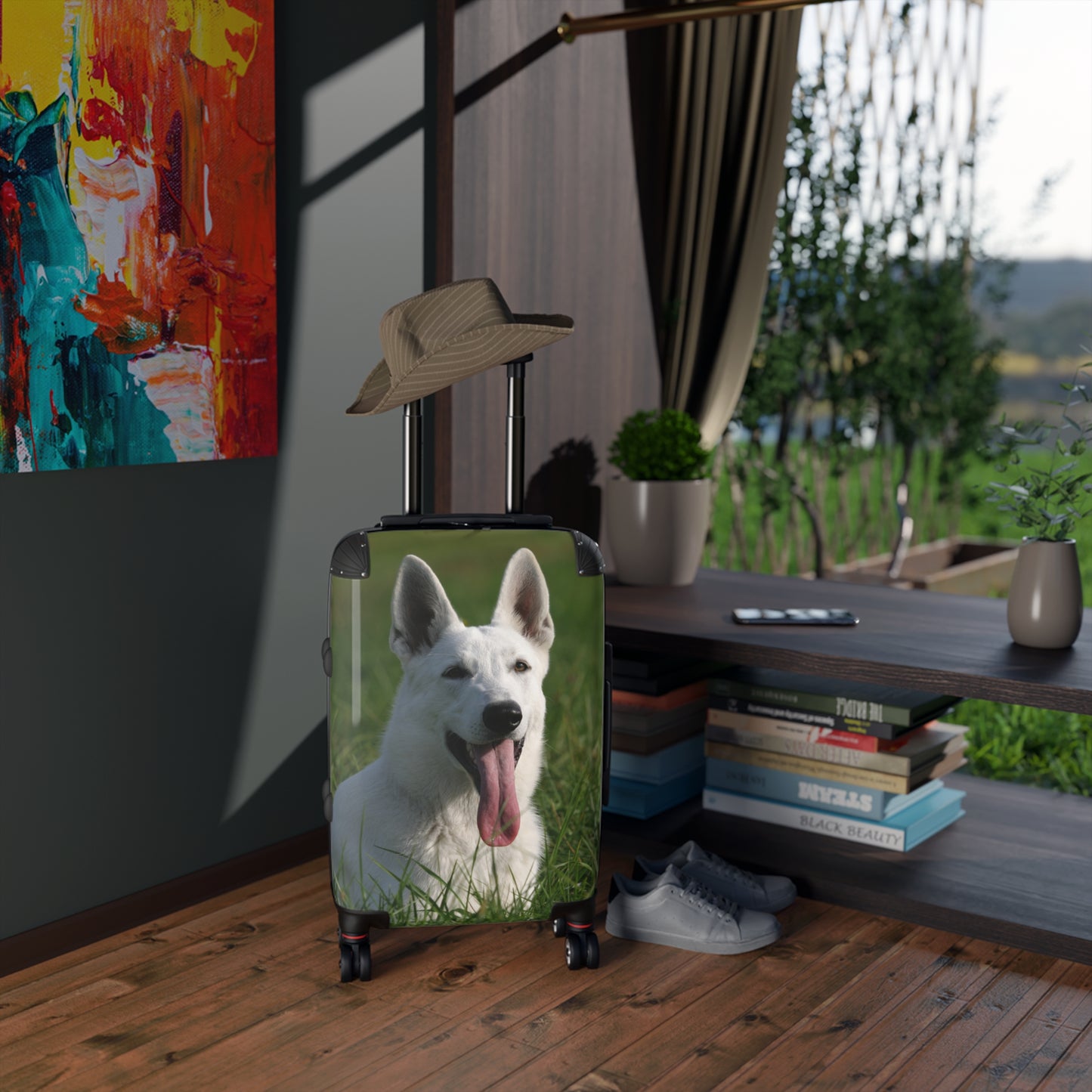 Dog Lovers Suitcase Featuring a White German Shepherd Resting On Grass Leaving Tongue Out