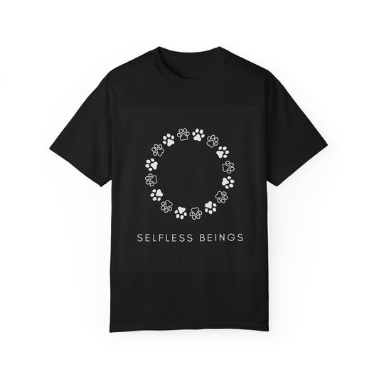 Unisex Dog Lover T-Shirt With Circular Frame Made of Dog Paw Prints and Caption Selfless Beings