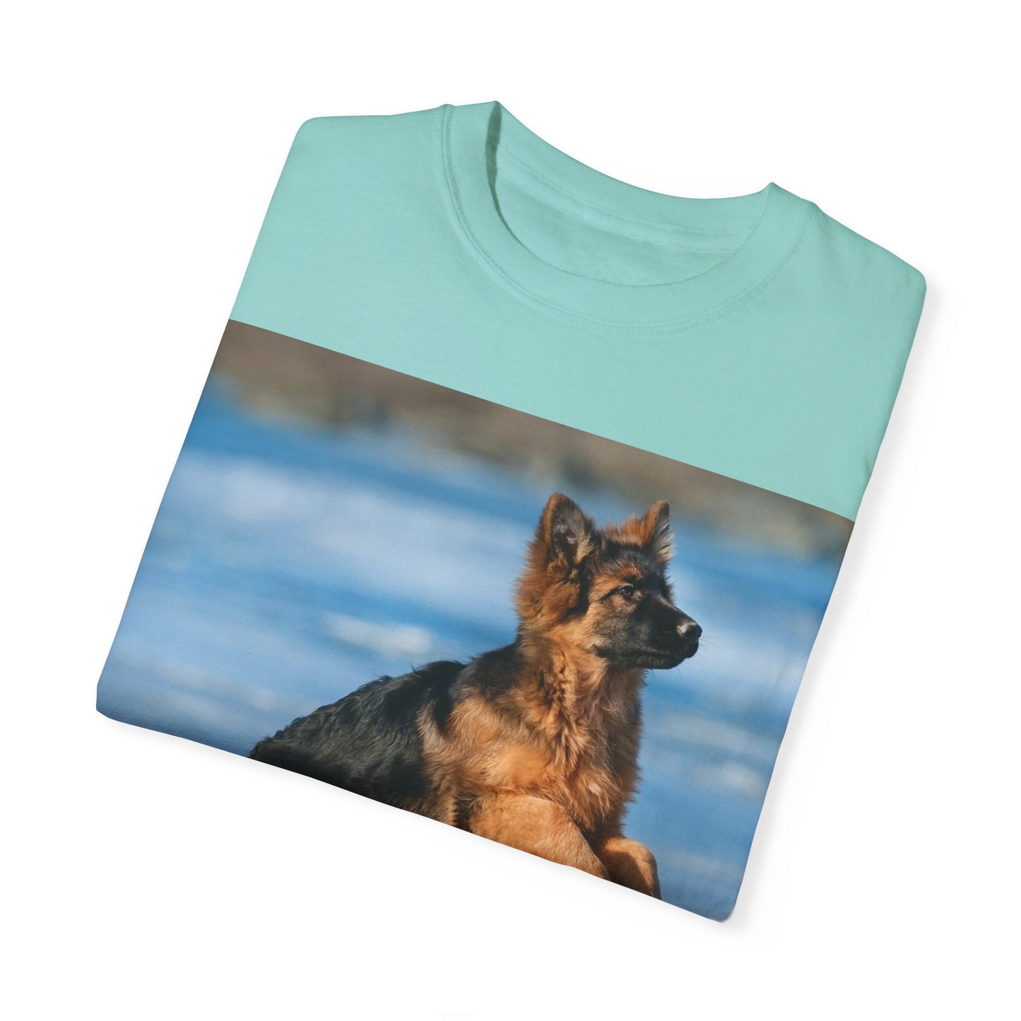 Unisex Dog Lover T-Shirt With Gorgeous German Shepherd Puppy Standing on Back Legs at Seashore and Caption Selfless Beings