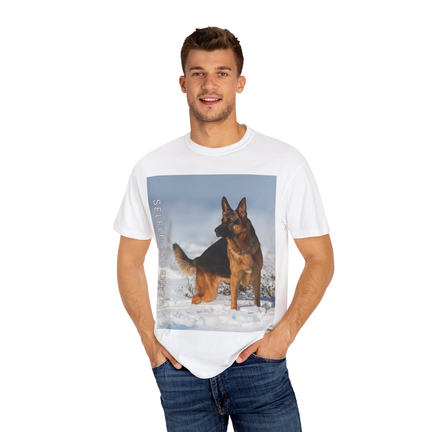 Unisex Dog Lover T-Shirt With a Beautiful German Shepherd Looking at Side Standing on the Snow and Caption Selfless Beings