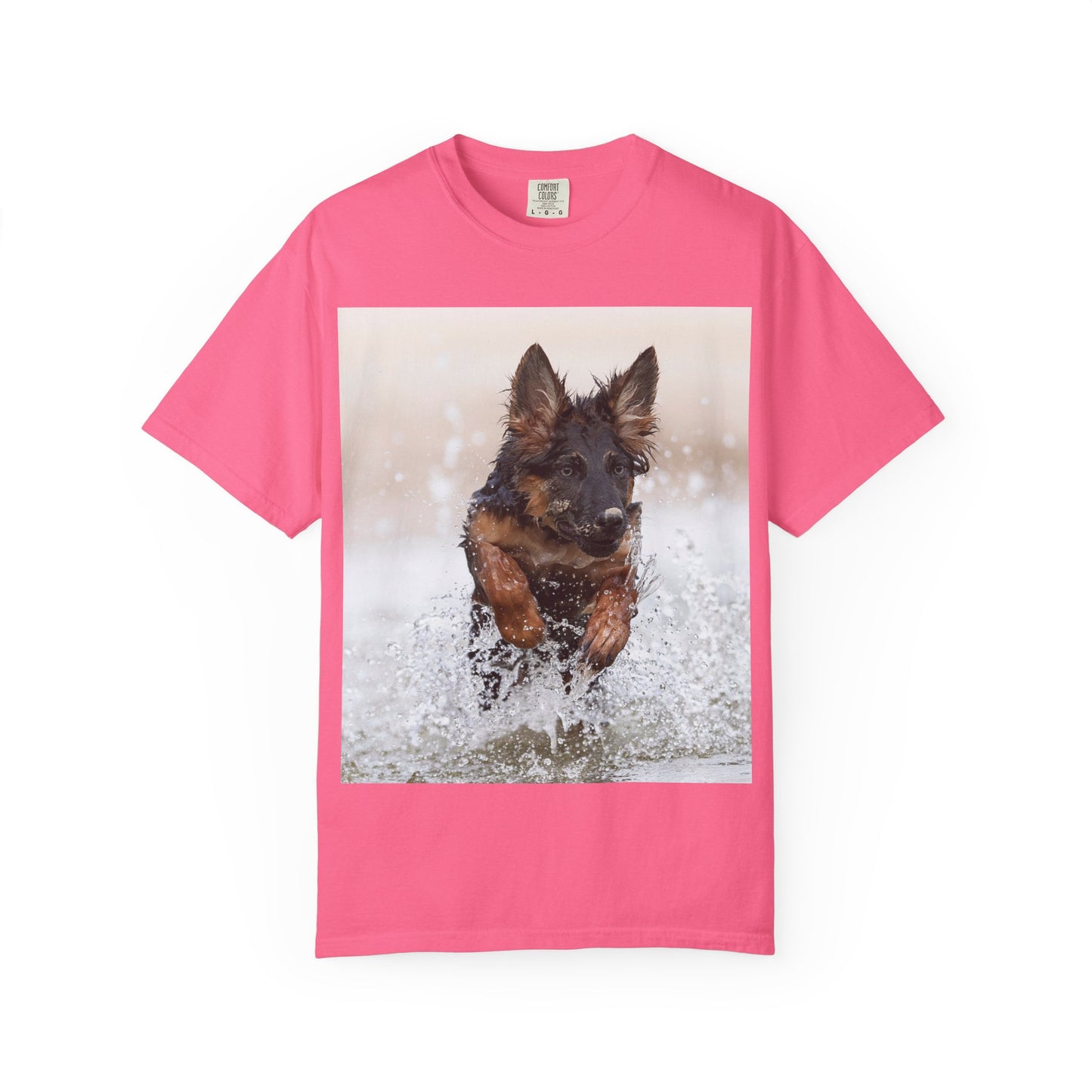 Unisex Dog Lover T-Shirt Featuring a German Shepherd Puppy Jumping In The Water