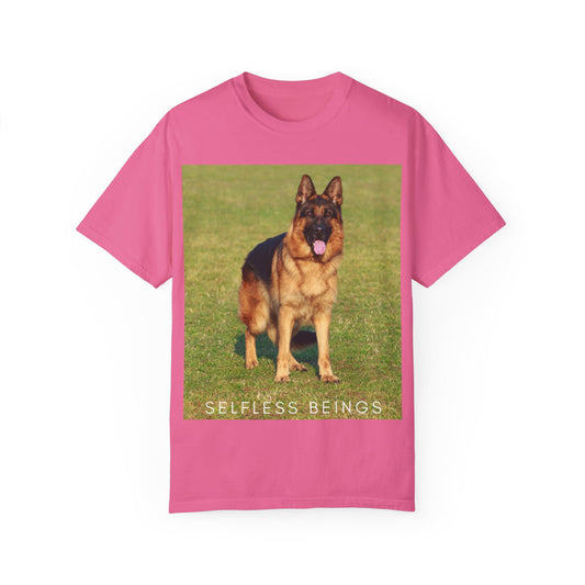 Unisex Dog Lover T-shirt With a German Shepherd on the Sports Grass Field and Caption Selfless Beings